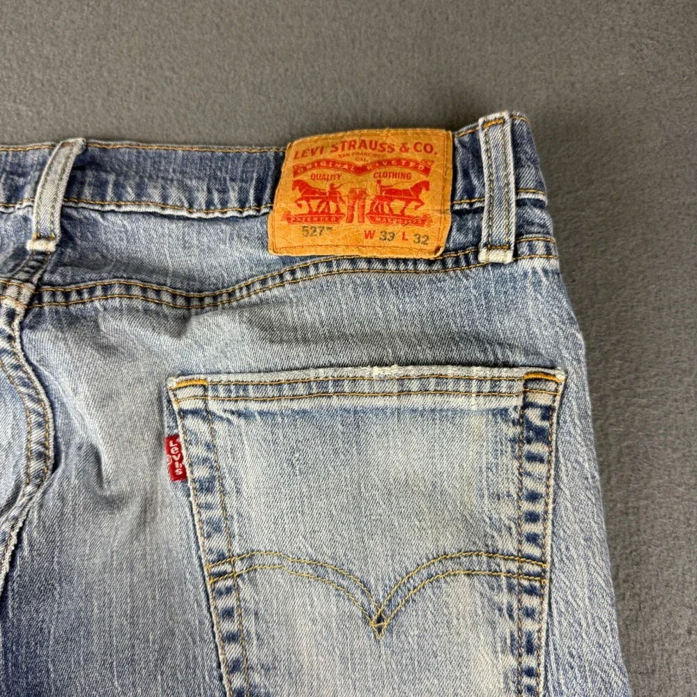Levis 527 Jeans Mens 33x32 Blue Slim Fit Bootcut Rodeo Cowboy Western Distressed